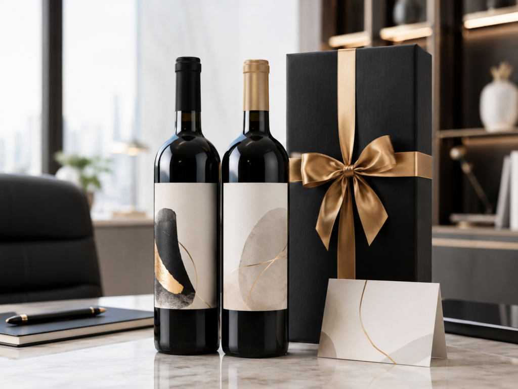 Projekt etykiety na wino firmowe w eleganckim opakowaniu