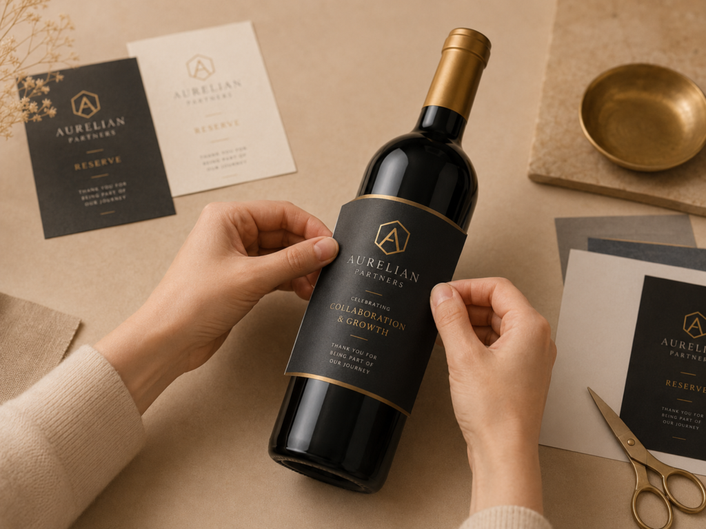 Projekty etykiet na wino – elegancka butelka w czarnym opakowaniu