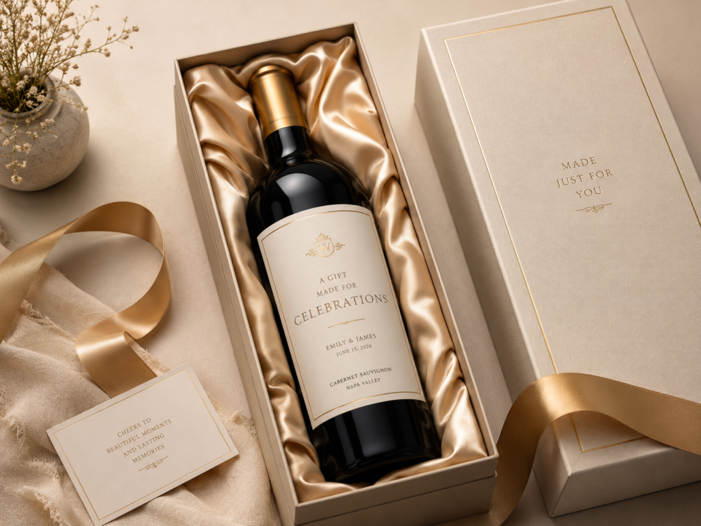 Wino w eleganckim pudełku prezentowym z własną etykietą